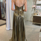 Madalyn| Metallic Keyhole Spaghetti Strap Long Prom Dress with Slit