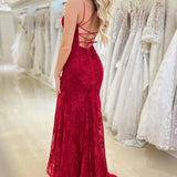 Elsa| Red Lace V Neck Mermaid Prom Dress