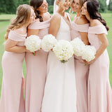 Simple Mermaid Off the Shoulder Light Pink Long Bridesmaid Dresses