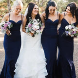 Navy Spaghetti Straps Mermaid Long Bridesmaid Dress