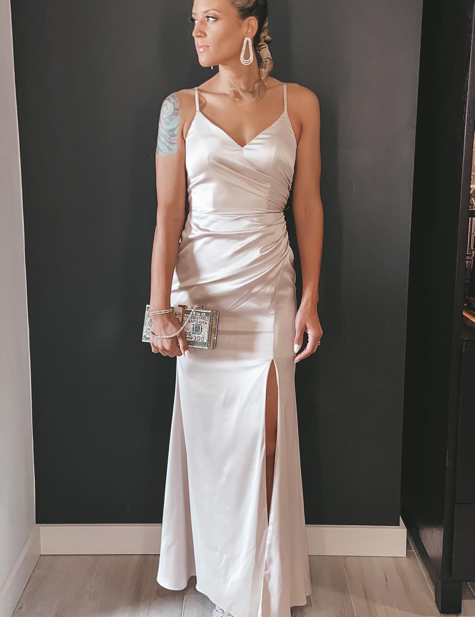 Beige V-Neck Ruched Long Bridesmaid Dress with Slit