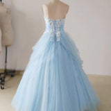 A-Line Lace Sweetheart Neck Blue Long Prom Dress