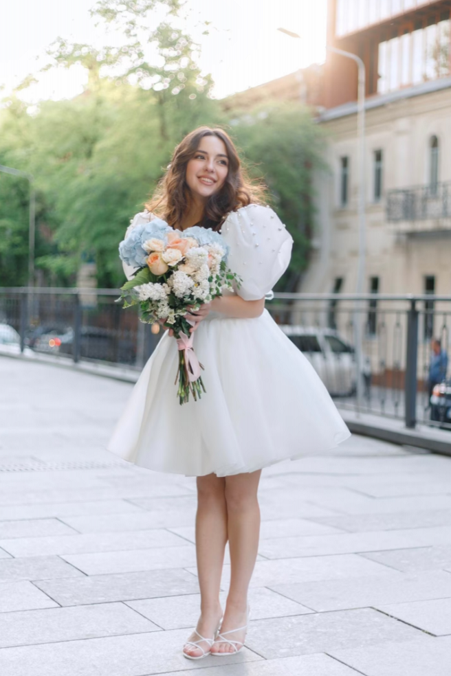 A-Line Square-Neck Short Wedding Dress With Puffy Pearls Sleeves