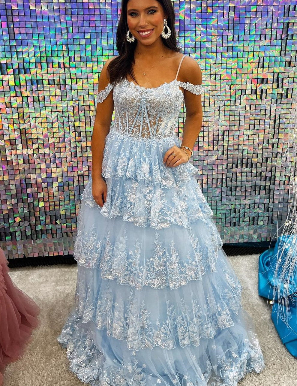 Maureen | Tulle Sequin Cold-Shoulder Ruffle Tiered Long Prom Dress