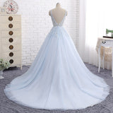 Quinceanera Dress Ball Gown Chapel Train V Neck Sleeveless Backless Appliques Prom Dresses