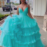 Skye |A-line V-Neck Tulle Prom Dress with Tiered Ruffles