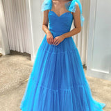 Stacey | Blue Sweetheart Tie Straps Tulle A-Line Long Prom Dress