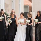 Simple A-Line Round Neck Black Satin Long Bridesmaid Dresses