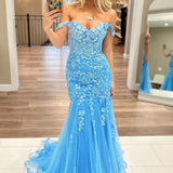 Blue Off the Shoulder Tulle Mermaid Prom Dresses with Appliques