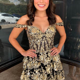 Ronda | Gold Off the Shoulder Applique Ruffle Homecoming Dress