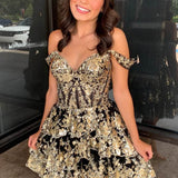 Ronda | Gold Off the Shoulder Applique Ruffle Homecoming Dress