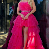 Marie| Fuchsia A-line High-Low Strapless Ruffled Tulle Prom Dress with Feathers