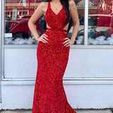 Melody | Red Mermaid V Neck Sequins Backless Long Prom Dress