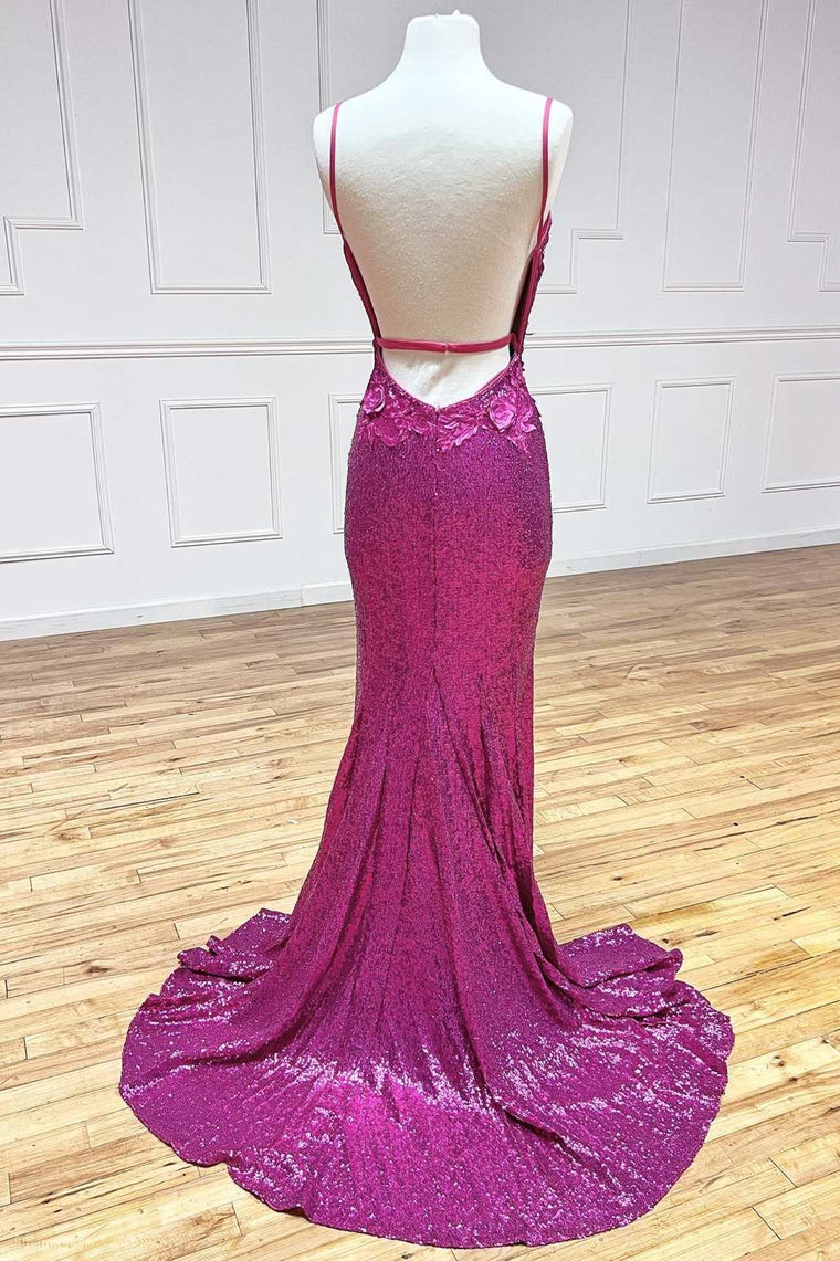 Mermaid V Neck Sequins Prom Dress with Slit