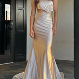 Welsie | Champagne One-Shoulder Mermaid Satin Long Prom Dress