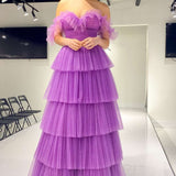 Purple Off-the-Shoulder Multi-Tiered Long Prom Gown