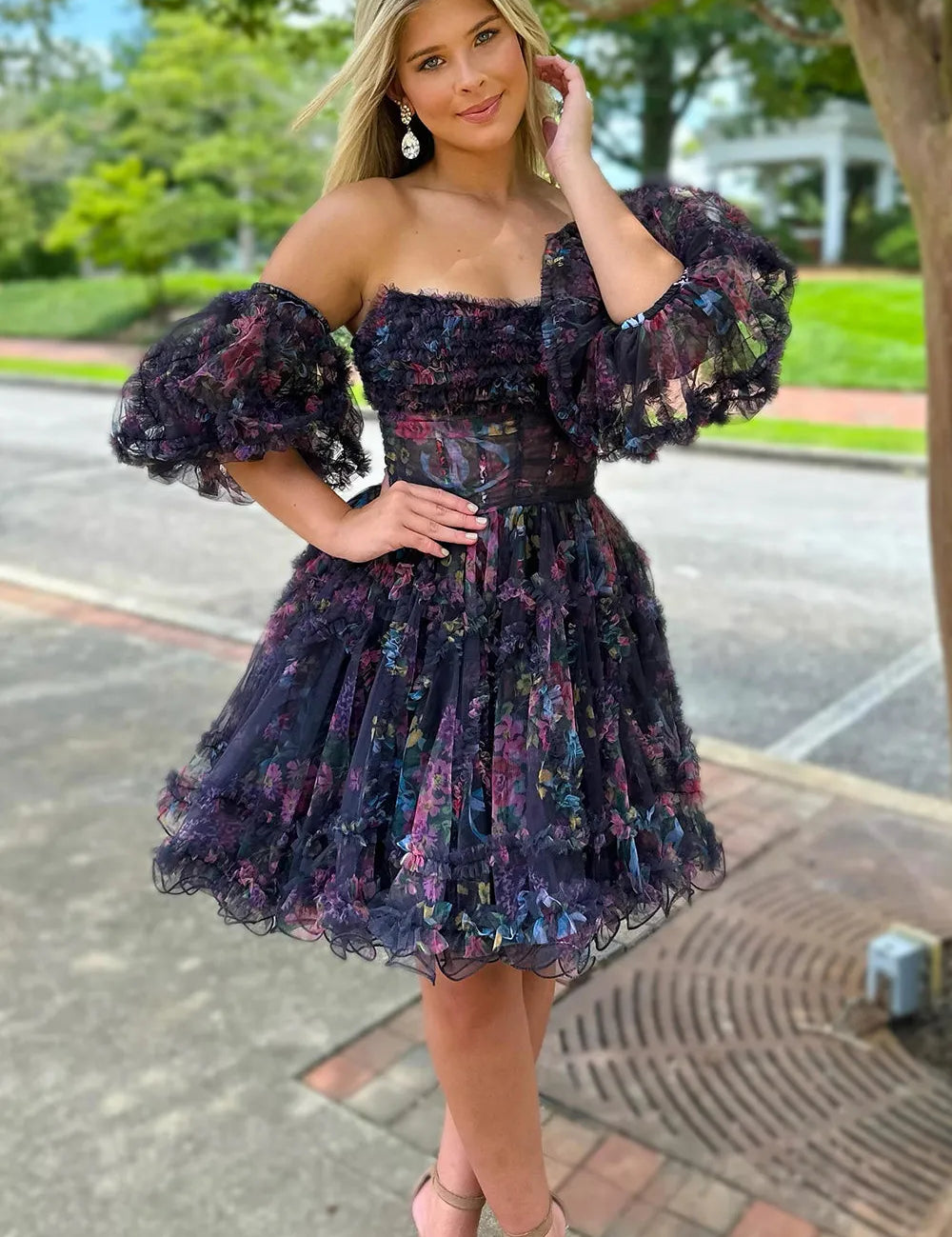 Hanni |  Blue Puff Sleeves Ruffles A-line Prints Homecoming Dress