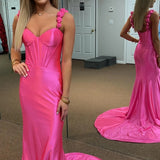 Persephone | Hot Pink Floral Straps Mermaid Satin Long Prom Dress