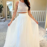 A-Line Two-Piece White Beaded A-Line Long Wedding Dress