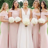 Simple Mermaid Off the Shoulder Light Pink Long Bridesmaid Dresses