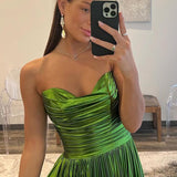 Oakley | Green Metallic Strapless Pleated A-Line Long Prom Dresses