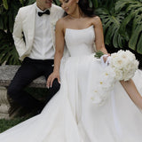 Elegant A-Line Strapless Satin Wedding Dress with Slit