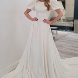 Ivory A-line Puff Sleeves Satin Sweeping Long Wedding Dress