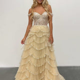 Scout | A-Line Sweetheart Champagne Tulle Prom Dresses with Appliques