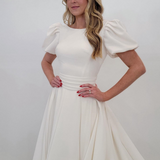 Ivory A-line Puff Sleeves Satin Sweeping Long Wedding Dress