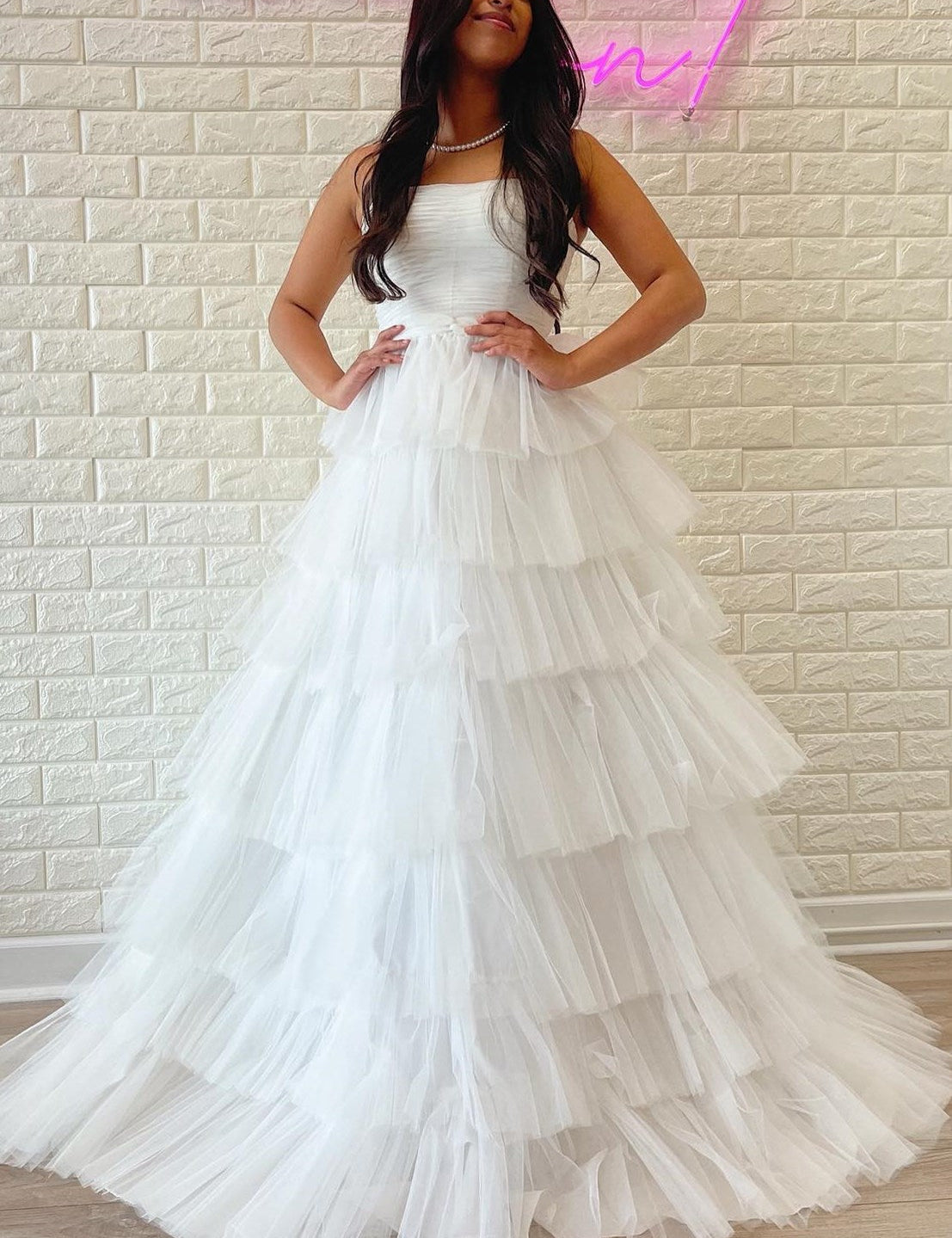 Daleyza |A-Line Strapless Tiered Tulle Prom Dress with Ruffles