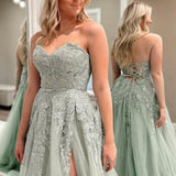 Beulah | A-Line Sweetheart Sage Green Tulle Lace Long Prom Dresses