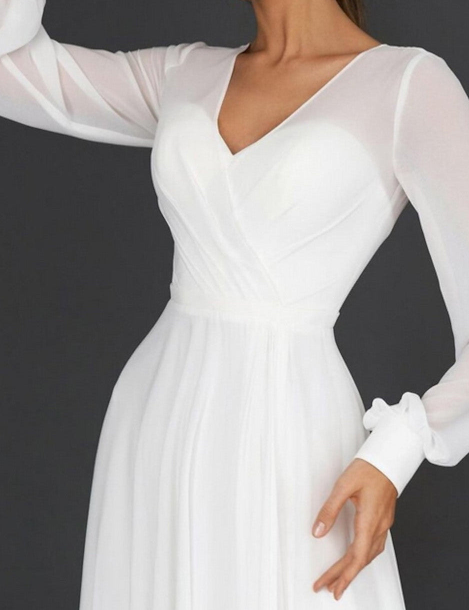 A-Line V-neck Chiffon Long Sleeves Zipper Wedding Dress