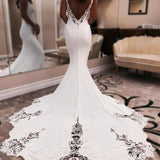 Unique Mermaid V Neck Satin Wedding Dress with Appliques