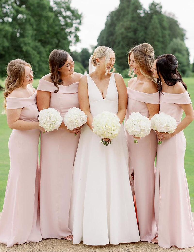 Simple Mermaid Off the Shoulder Light Pink Long Bridesmaid Dresses