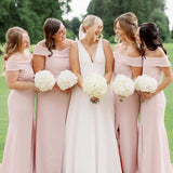 Simple Mermaid Off the Shoulder Light Pink Long Bridesmaid Dresses