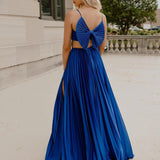 Kimia |  A-Line Straps Royal Blue Pleated Chiffon Long Formal Dress with Bow Back