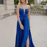 Kimia |  A-Line Straps Royal Blue Pleated Chiffon Long Formal Dress with Bow Back