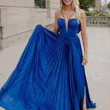 Kimia |  A-Line Straps Royal Blue Pleated Chiffon Long Formal Dress with Bow Back