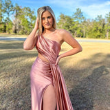 Shannon |Charming Mermaid One Shoulder Satin Prom Dresses with Slit