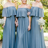 Dusty Blue A-Line Off the Shoulder Long Chiffon Boho Bridesmaid Dress