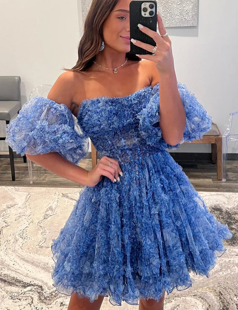 Hanni |  Blue Puff Sleeves Ruffles A-line Prints Homecoming Dress