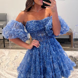 Hanni |  Blue Puff Sleeves Ruffles A-line Prints Homecoming Dress