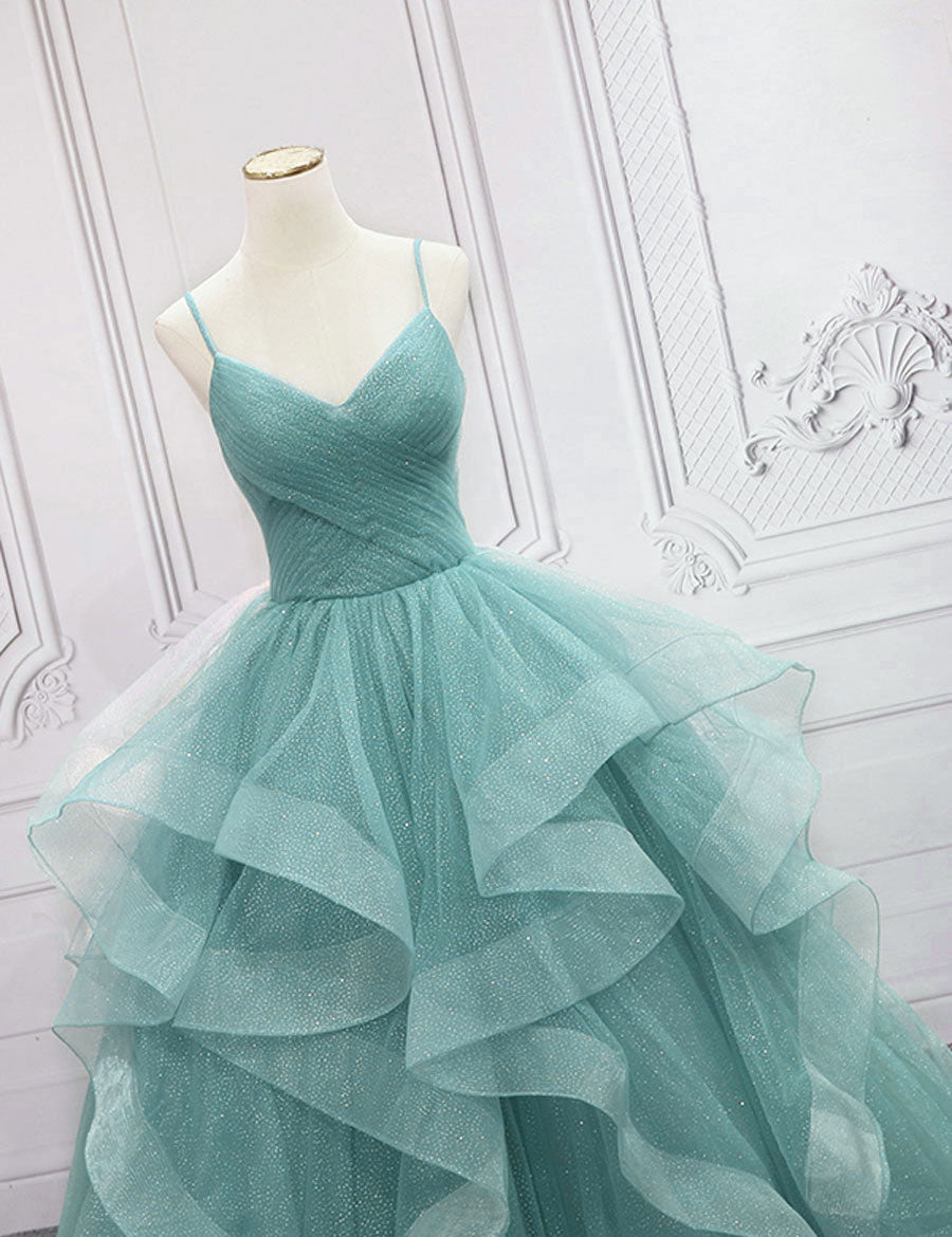 Quinceanera Dress Green V Neck Tulle Long Prom Dress Green Sweet Dress