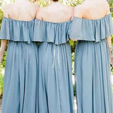 Dusty Blue A-Line Off the Shoulder Long Chiffon Boho Bridesmaid Dress