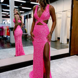 Salma |Mermaid V Neck Sequins Prom Dress with Slit