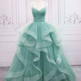 Quinceanera Dress Green V Neck Tulle Long Prom Dress Green Sweet Dress