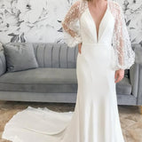 Ivory Plunge V Mermaid Long Wedding Dress with Balloon Sleeves