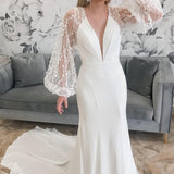 Ivory Plunge V Mermaid Long Wedding Dress with Balloon Sleeves