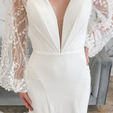 Ivory Plunge V Mermaid Long Wedding Dress with Balloon Sleeves