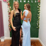 Sharon |Charming Sheath One Shoulder Sequins Prom Dresses with Feather